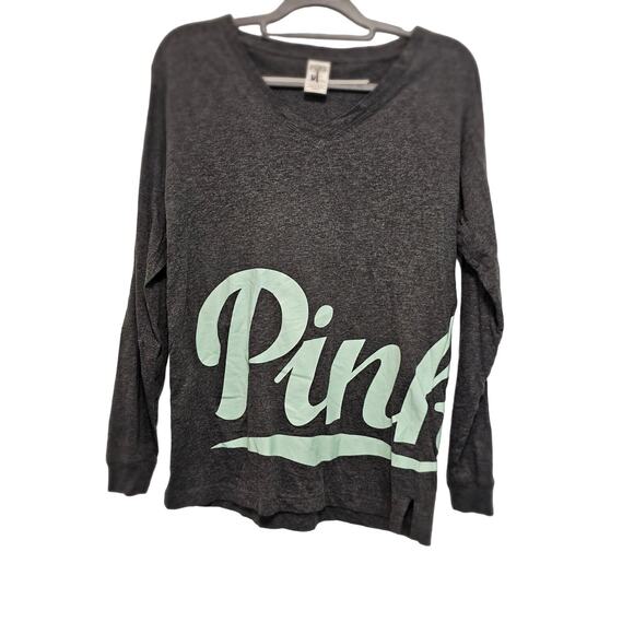 PINK Tops - PINK T Shirt Women's Extra Small Victoria's Secret Long Sleeve Gray Green Logo‎